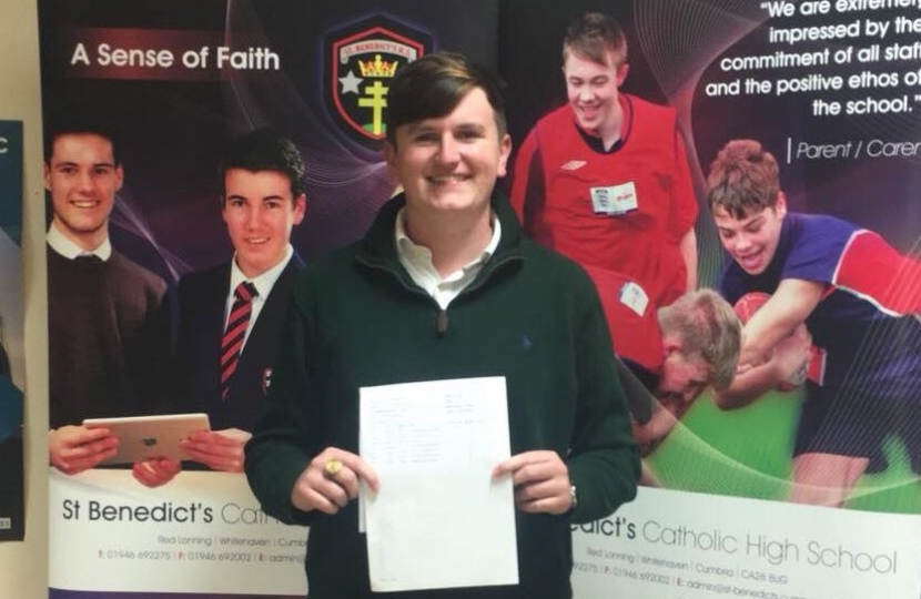 St Benedicts student Oliver Dorgan with his A-Level results