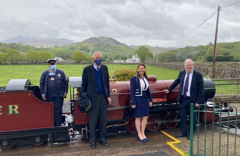 Trudy Harrison MP at the Ravenglass and Eskdale Railway, with VisitBritain Chairman Lord Patrick McLaughlin and Peter Hensman from the railway